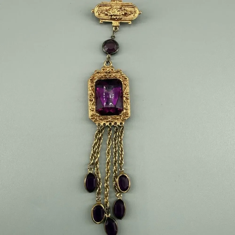 Vintage Purple Faux Gem Brooch Gold Tone Victorian Revival Purple Tassel Dangle